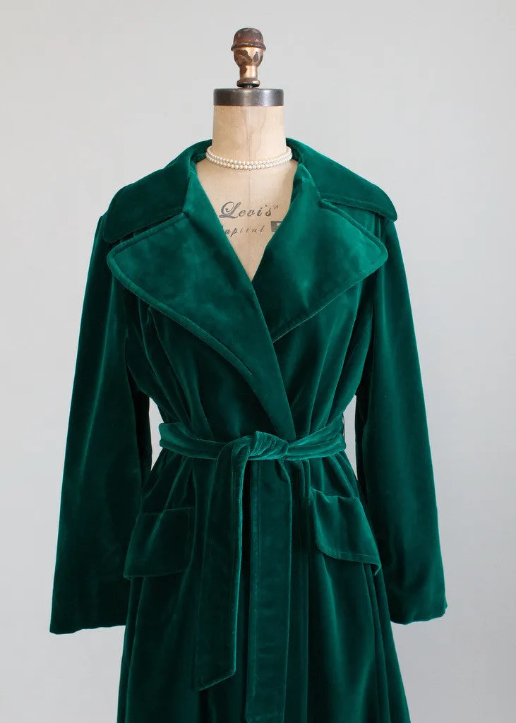 Vintage 1970s Emerald Green Velvet Wrap Trench Coat