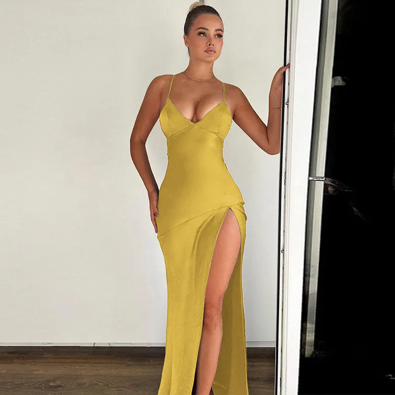 Women Wear Winter Sexy V neck Backless Self Tie Slit Dress