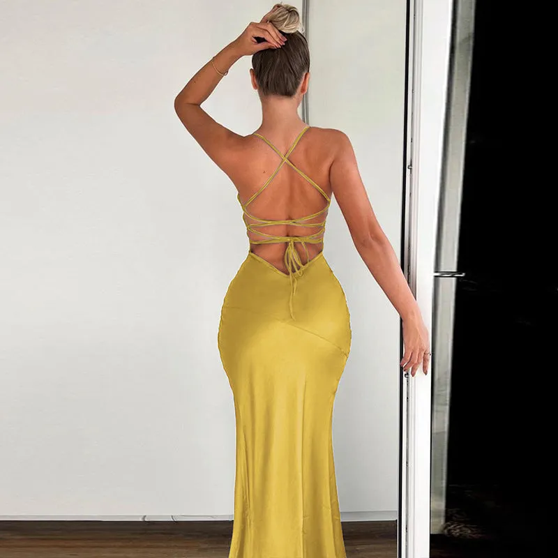 Women Wear Winter Sexy V neck Backless Self Tie Slit Dress