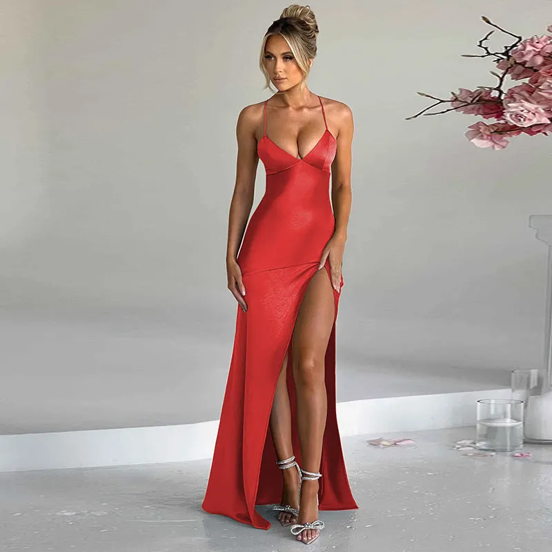 Women Wear Winter Sexy V neck Backless Self Tie Slit Dress