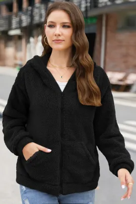 Zip Up Long Sleeve Fuzzy Hooded Outerwear