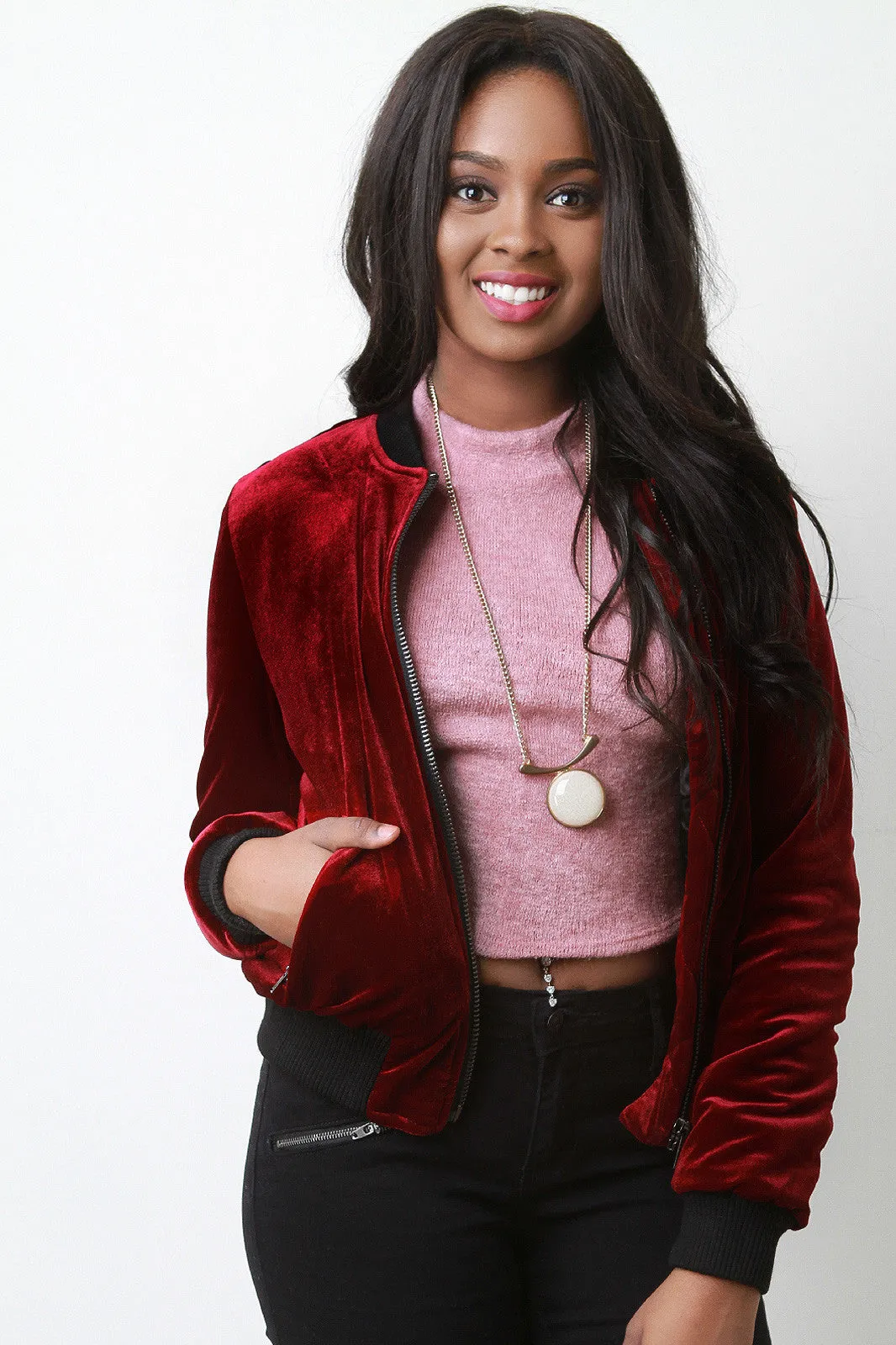 Zipper Pocket Velvet Bomber Jacket